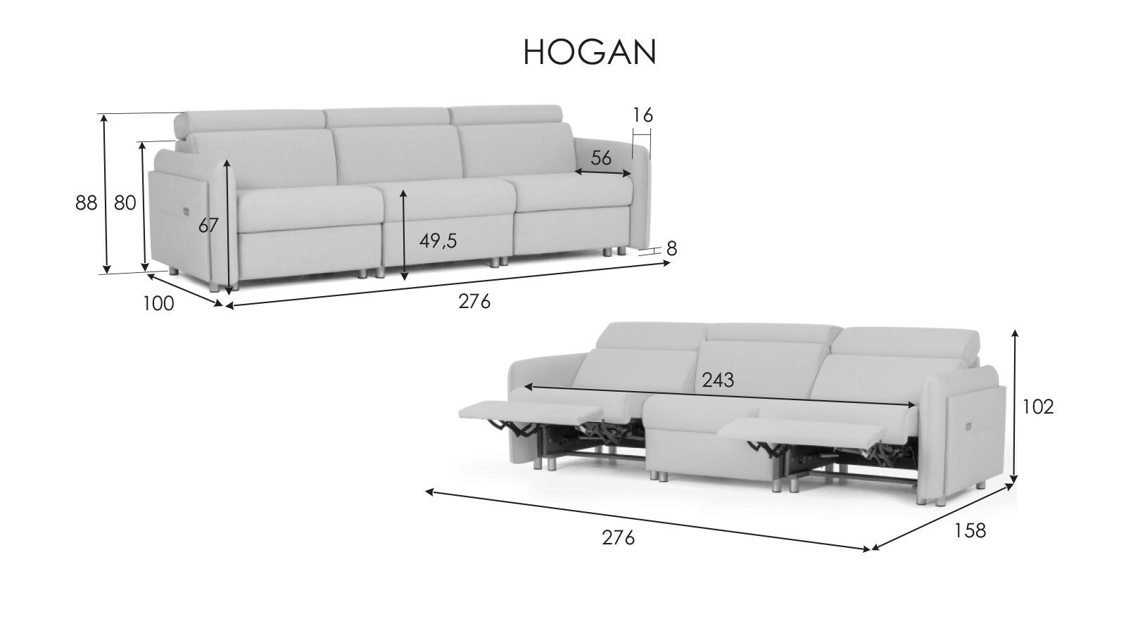 

Прямой диван Hogan 3-местный с 2 реклайнерами, Бежевый, Hogan 3-местный с 2 реклайнерами