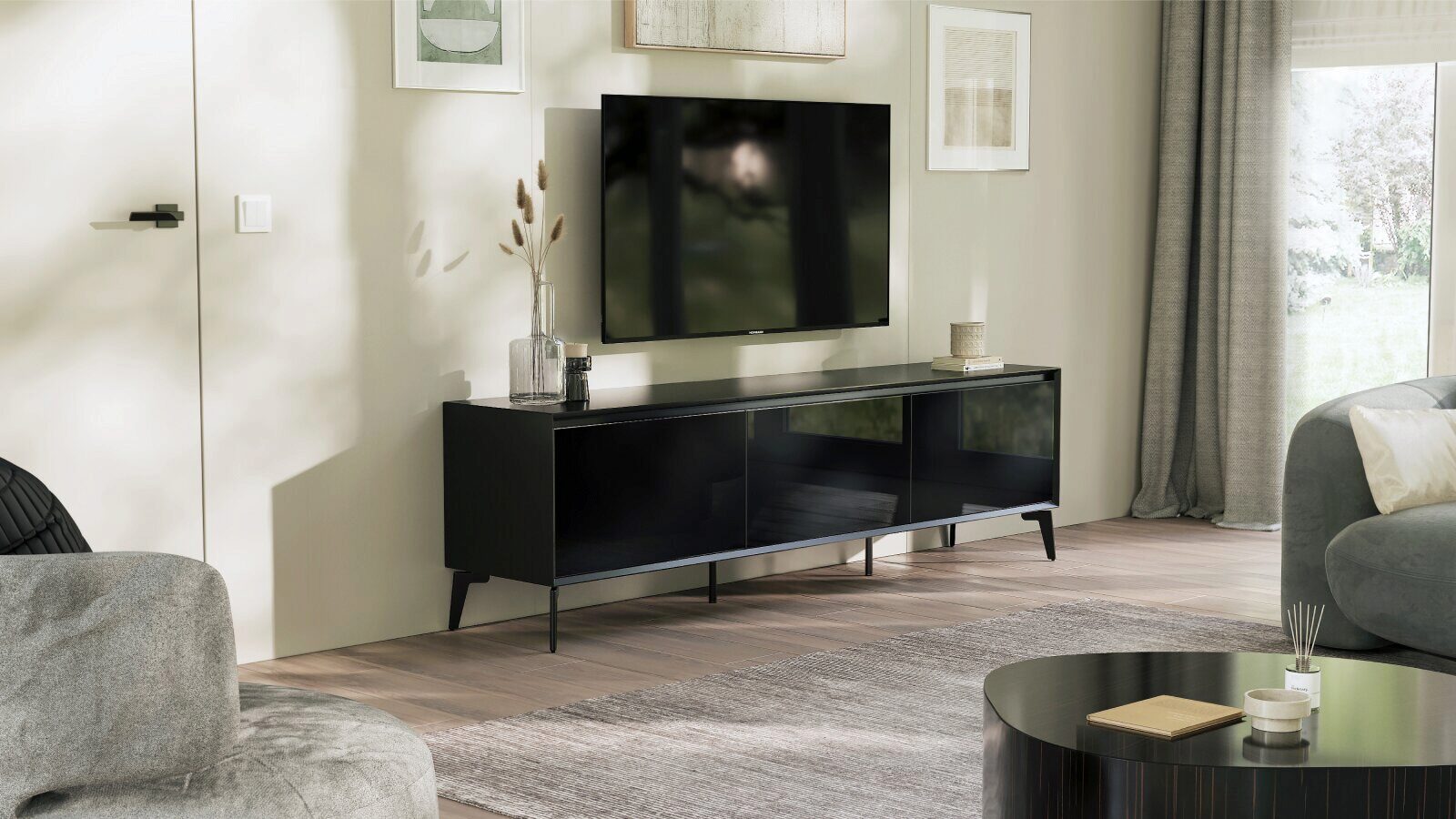 

Тумба ТВ на ножках трехдверная Glass, цвет Черный Черный, Неизвестно, Glass, цвет Черный Черный